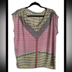 FLEUR BLEUE Women’s V-Neck lightweight pink green purple mosaic top Sz M
